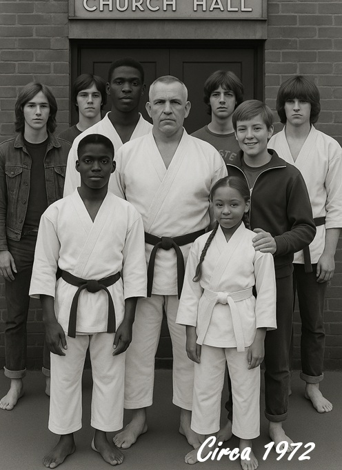 Photo of Mal Reid and Sensei John O Connor with Anita Reid and Ohers from the Dales Karate Club circa 1972