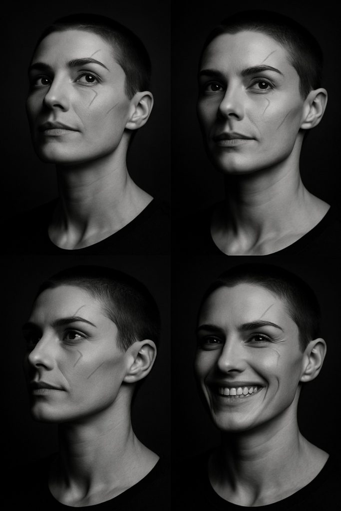 Subject: Aisling (Age 28)
Format: Black and white portrait composite (4 panels)

General Appearance:
Hair: Very short, buzzed haircut; clean, even, and close to the scalp, highlighting the structure of her skull and face.

Eyebrows: Natural, dark, and well-defined, giving her gaze intensity and presence.

Skin: Smooth and luminous under soft lighting; the grayscale format emphasizes her cheekbones and jawline.

Scar: A visible and defining feature—she has a long, slightly curved scar running from above the right eyebrow, down her cheekbone. It gives her a striking, memorable appearance without detracting from her beauty.

Build (suggested): From the neck and face shape, she appears lean, with a strong, symmetrical jawline and defined neck muscles—implying athleticism or training.

Expressions by Panel:
Top-left:

Expression: Thoughtful, almost wistful. She gazes slightly upward, lips gently closed.

Mood: Reflective or contemplative, as if caught mid-thought.

Top-right:

Expression: Calm, reserved, with the faintest hint of resolve.

Mood: Self-assured and steady—possibly her default public demeanor.

Bottom-left:

Expression: Focused and intent, looking off-camera with a subtle squint.

Mood: Determined or analytical, showing clarity and readiness.

Bottom-right:

Expression: A broad, genuine smile—teeth visible, eyes crinkled with joy.
Mood: Warm and unguarded, revealing a glimpse of her more playful, happy self.soft light. In the final image, she smiles radiantly, embodying the theme 'beauty is in the eye of the beholder.'"